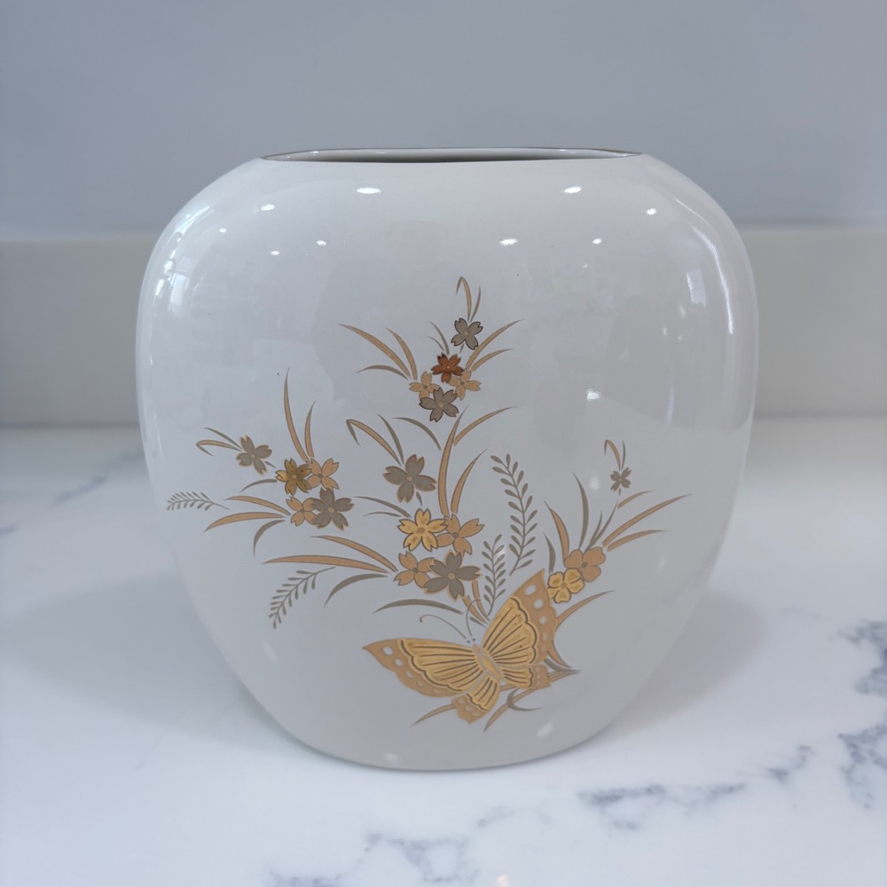 Otagiri Japan‎ Cho-Cho Butterfly Floral Porcelain Vase Gold Rim Vintage White